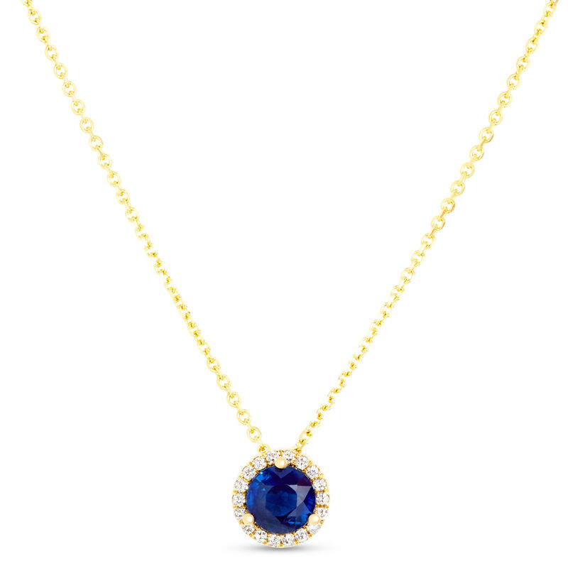 Round Sapphire Diamond Halo Pendant Necklace, 14K Yellow Gold image number 0