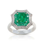 Square & Baguette Emerald & Diamond Halo Ring 14K