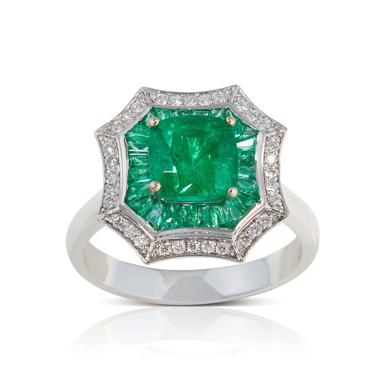 Square & Baguette Emerald & Diamond Halo Ring 14K image number 0