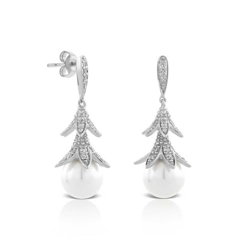 Floral Cultured Freshwater Pearl & Diamond Earrings 14K image number 0