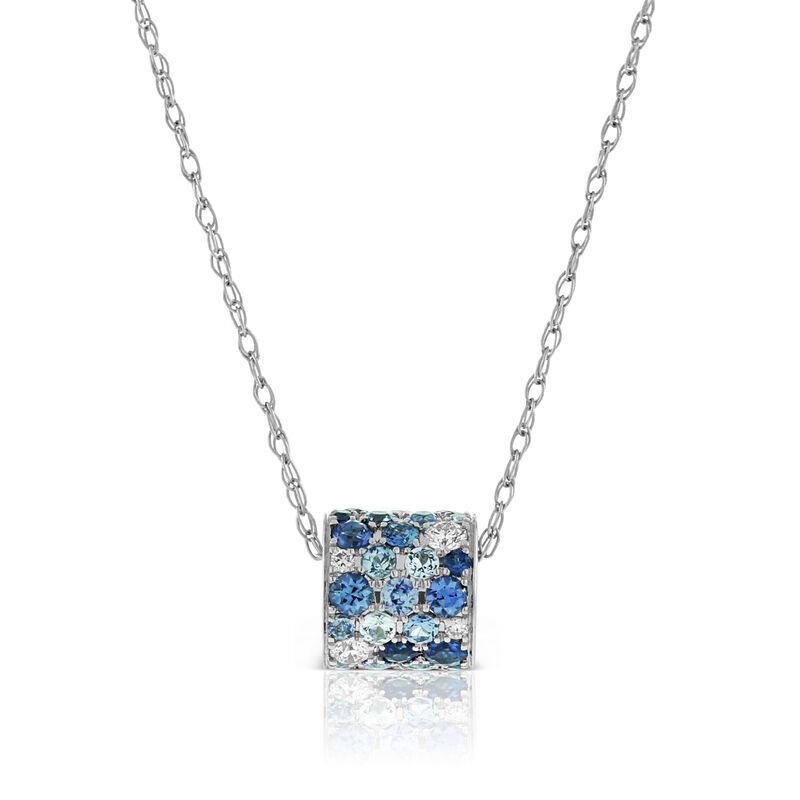 White & Blue Sapphire & Diamond Pavé Barrel Necklace 14K image number 0