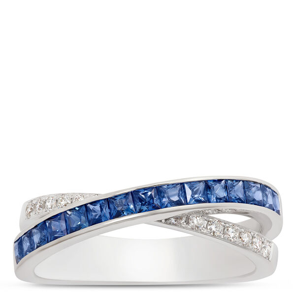 Sapphire and Diamond Crossover Ring, 14K White Gold