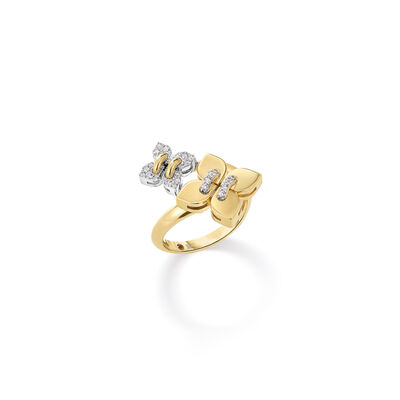 Roberto Coin 18K Yellow and White Gold Love In Verona Pav&eacute; Diamond And Polished Finish Double Flower Ring