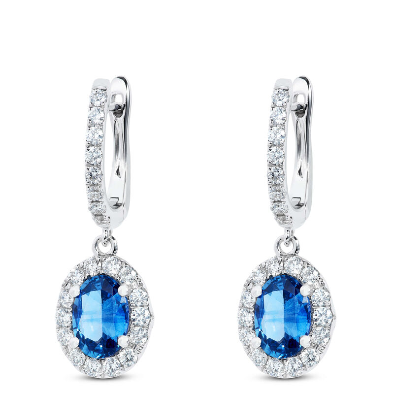 Oval Cut Sapphire and Diamond Halo Earrings, 14K White Gold image number 1