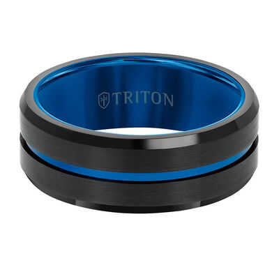 TRITON Contemporary Comfort Fit Band in Black Tungsten with Blue PVD, 8 mm