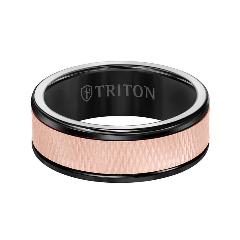Rose Gold TRITON Custom Comfort Fit Criss Cross Band in Black Tungsten & 14K, 8 mm image number 1
