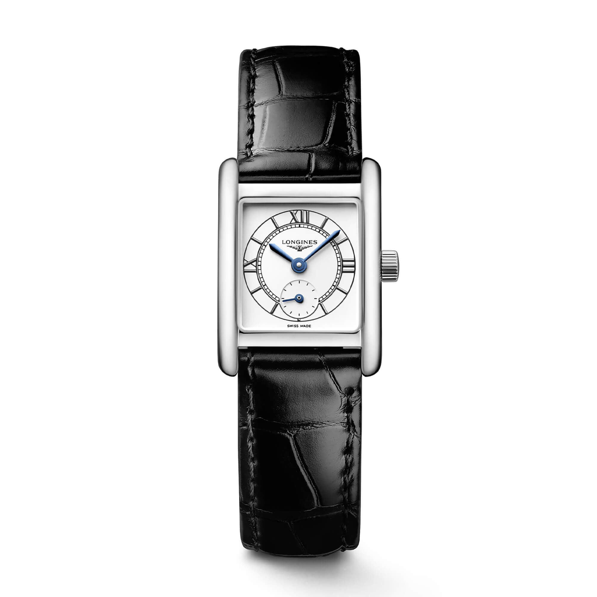Longines Mini Dolcevita Watch Silver-Tone Dial Black Leather Strap