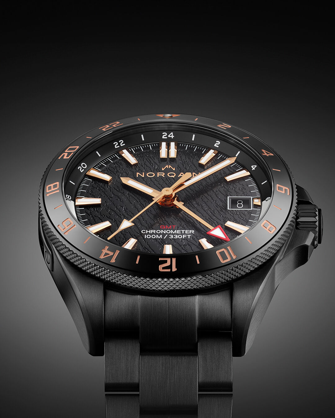 Norqain Neverest GMT GLacier Black Dial DLC Steel Bracelet Watch, 41mm