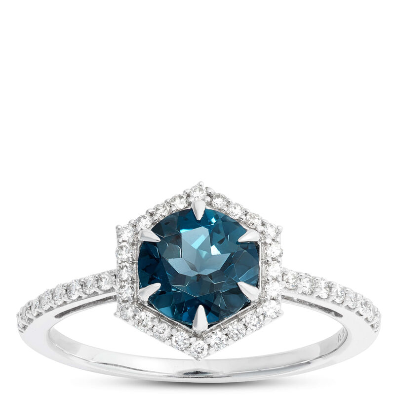 Blue Topaz & Diamond Hexagon Halo Ring 14K image number 0