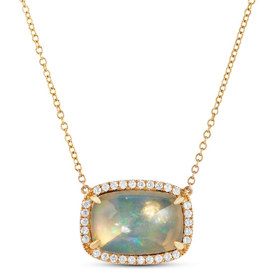 Cabochon Opal & Diamond Halo Necklace 14K