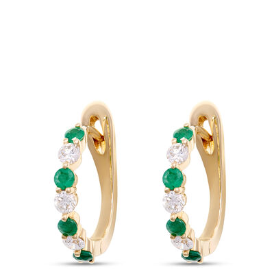 Emerald and Round Diamond Hoops, 14K Yellow Gold