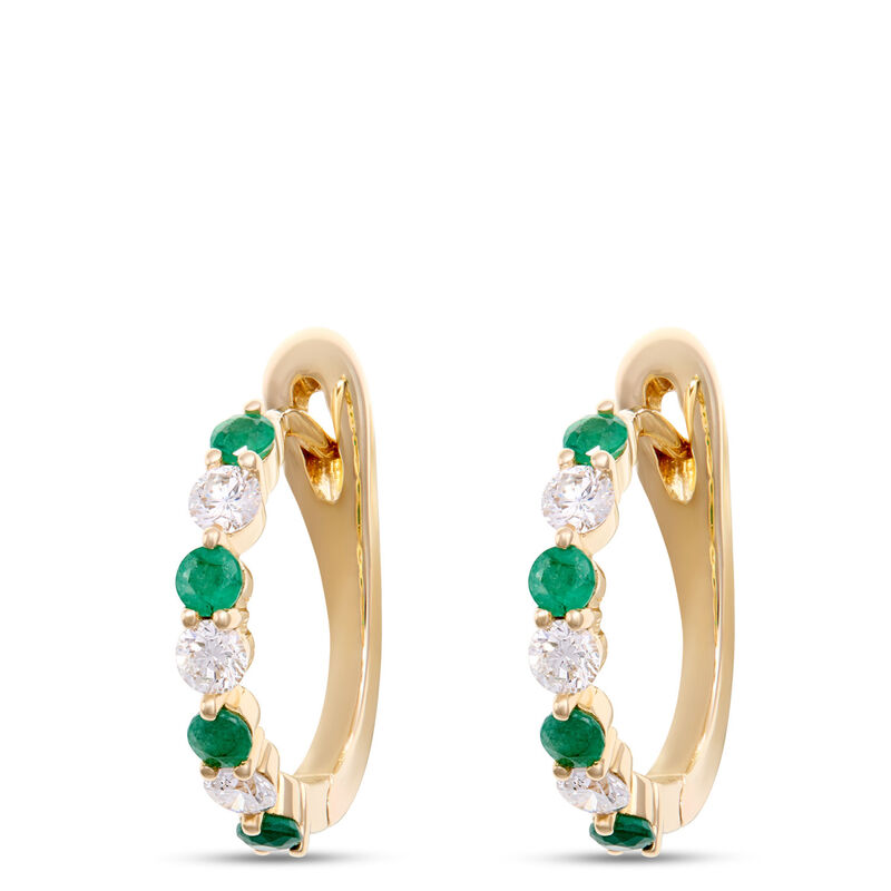14MM Emerald and Round Diamond Hoops, 14K Yellow Gold image number 0