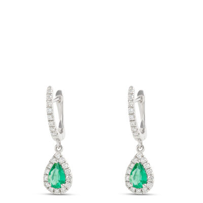 Pear-Shaped Emerald and Diamond Earrings, ⅓ Total Carat Weight, 14K White Gold