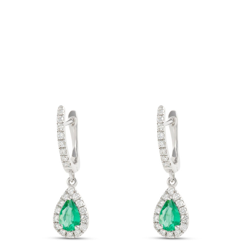 Pear-Shaped Emerald and Diamond Earrings, ⅓ Total Carat Weight, 14K White Gold image number 0