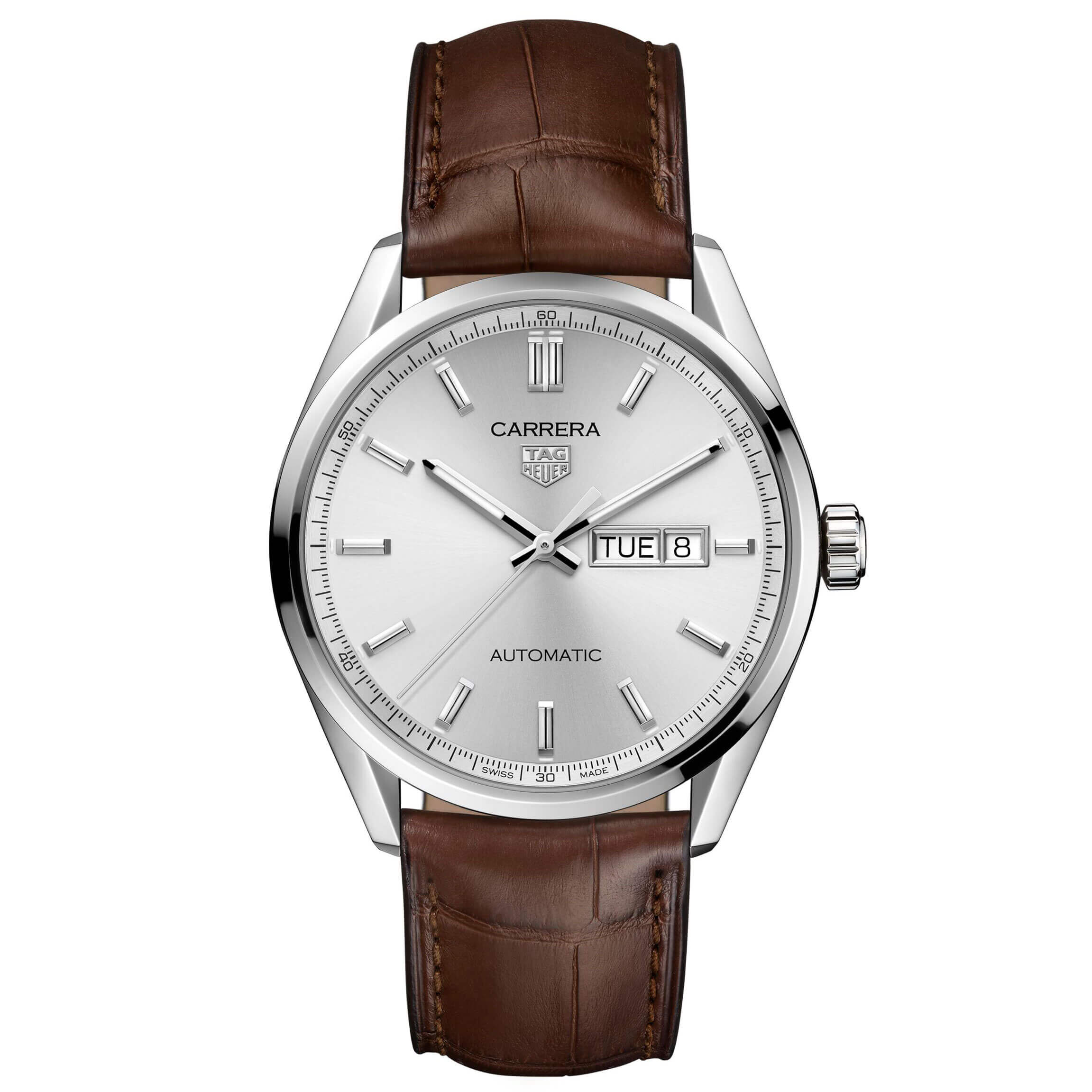 TAG Heuer Carrera Calibre 5 Auto Silver Leather Watch, 41mm