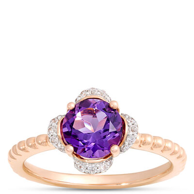 Round Amethyst and Diamond Ring, 14K Rose Gold