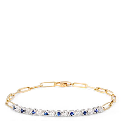 Paperclip Round Sapphire and Diamond Bracelet in 14K Yellow Gold