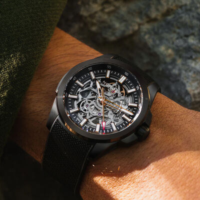 NORQAIN Independence Skeleton Dial Black Rubber Strap Watch, 42mm