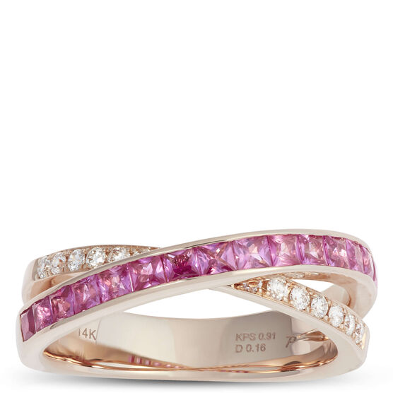 Rose Gold Pink Sapphire & Diamond Crossover Ring 14K