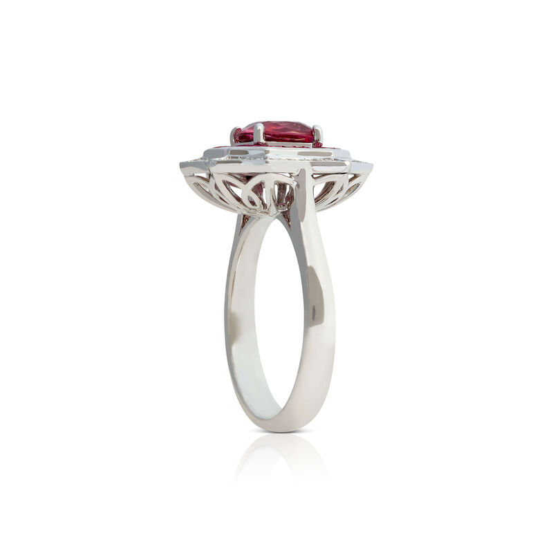 Square Pink Tourmaline, Baguette Ruby & Diamond Halo Ring 14K image number 1