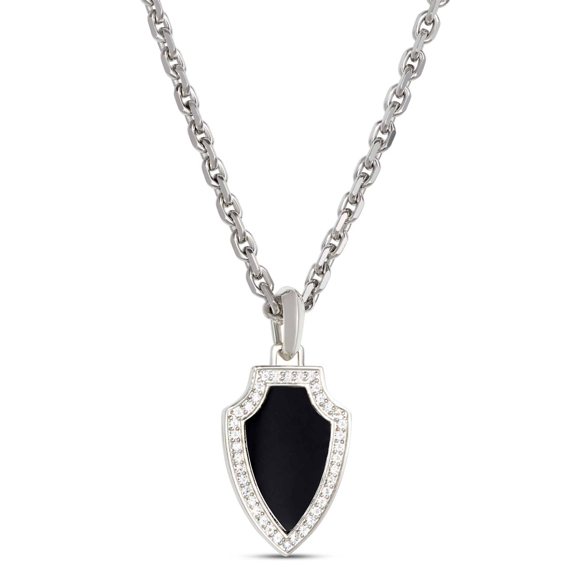 Black Onyx and White Sapphire Shield Necklace, Sterling Silver