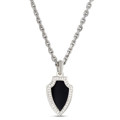 Black Onyx and White Sapphire Shield Necklace, Sterling Silver