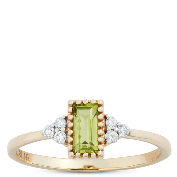 Emerald Cut Peridot and Diamond Ring, 14K Yellow Gold