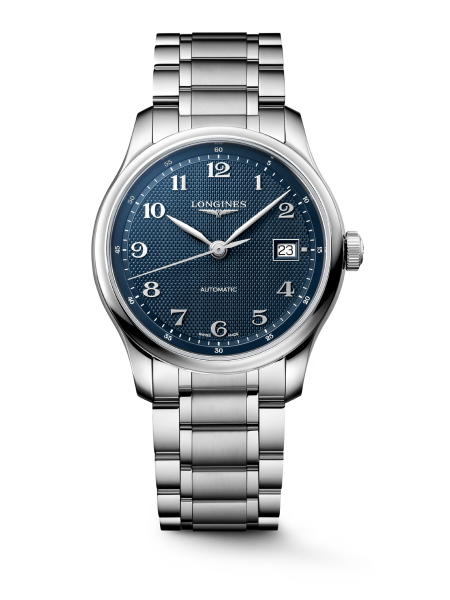 Longines sports watch with a blue dial and stainless steel bracelet.