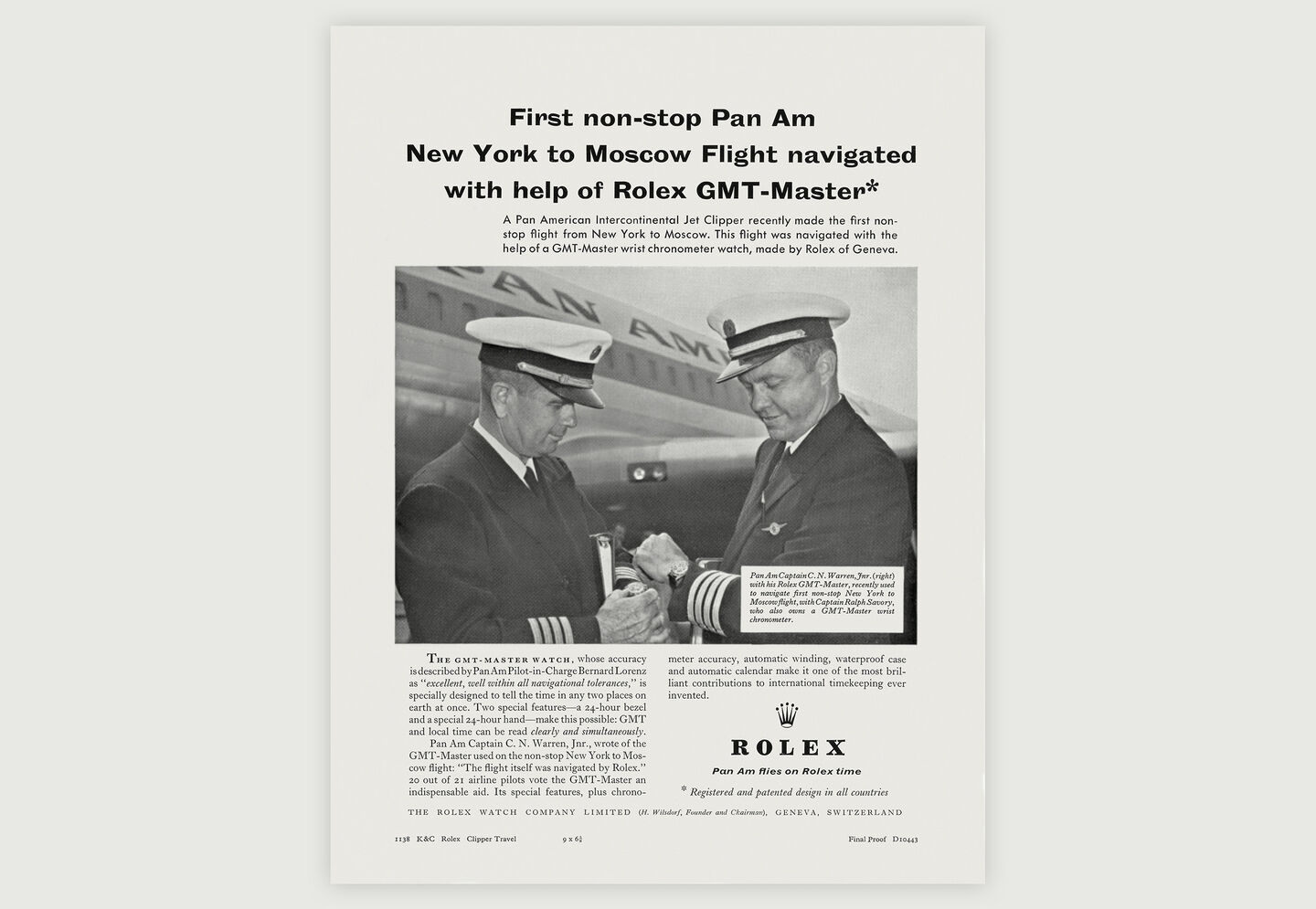 Vintage GMT-Master newspaper ad showing two pilots checking their watches. 