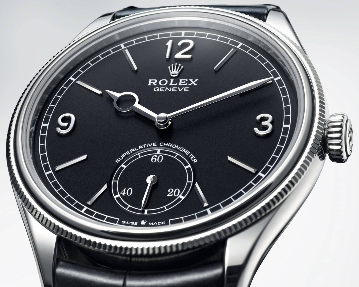 Black Dial of Rolex 1908 with 18k White Gold Case