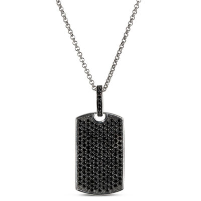 Black Diamond on Rhodium Dog Tag Necklace
