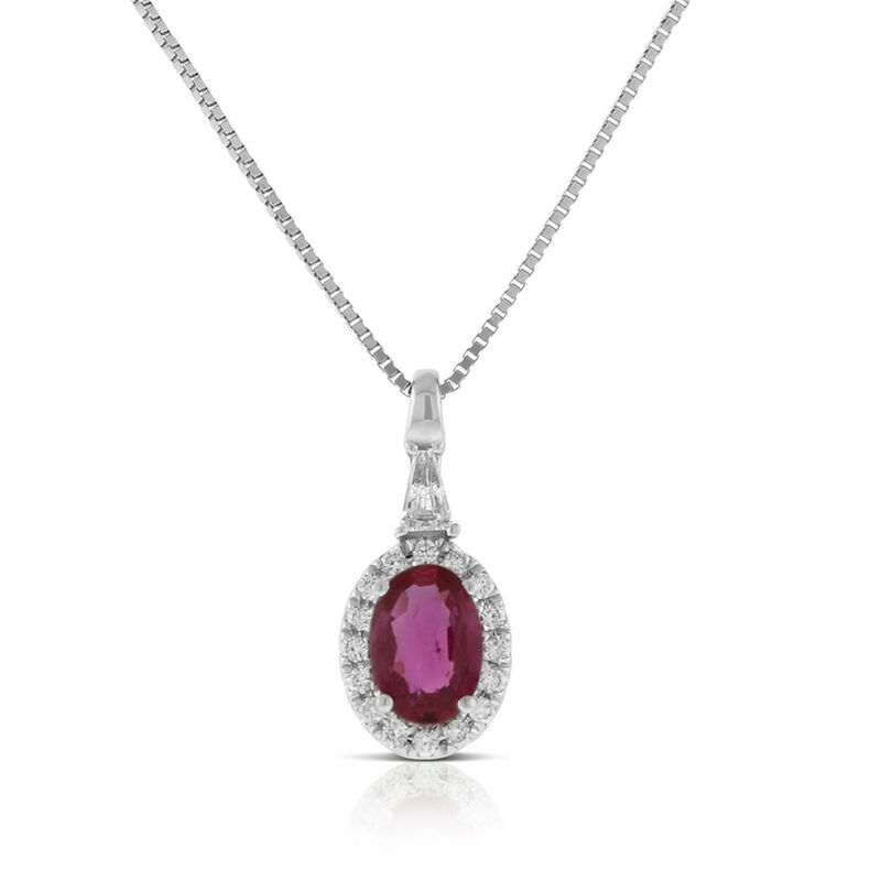 Oval Ruby & Diamond Halo Necklace 14K image number 0