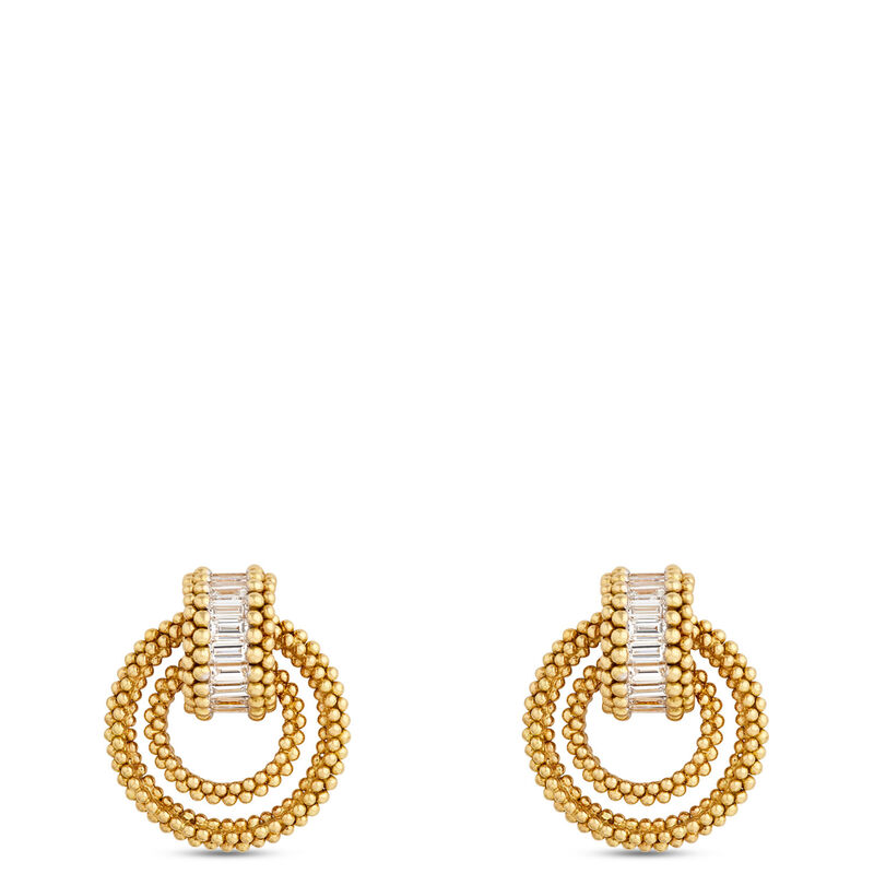 Beaded Gold Circle Earrings with Baguette Diamonds, &frac12; Carat Total Weight, 18K Yellow Gold image number 0