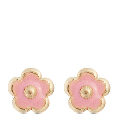 Baby Pink Enamel Flower Screwback Earrings, 14K Yellow Gold