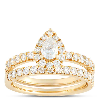 Pear Shaped Halo Diamond Bridal Set, 14K Yellow Gold