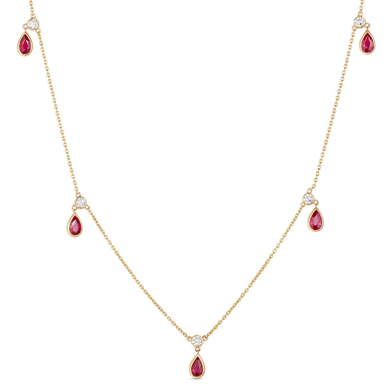 Bezel Set Pear Shaped Ruby Drops Necklace, 14K Yellow Gold image number 0