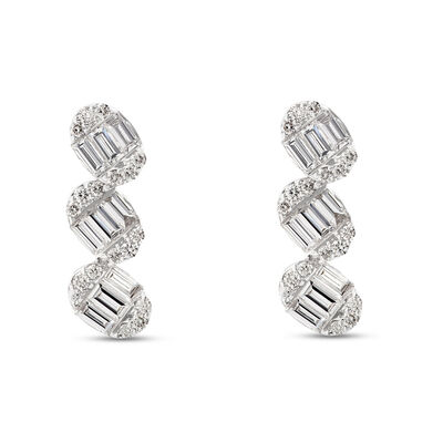 Baguette and Round Diamond Studs, 0.62 Carat Total Weight, 14K White Gold