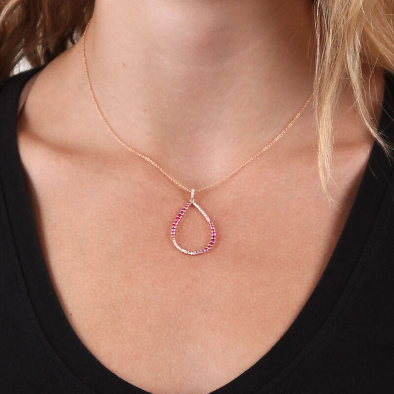 Rose Gold Pink Sapphire & Diamond Pear Shaped Necklace 14K image number 1