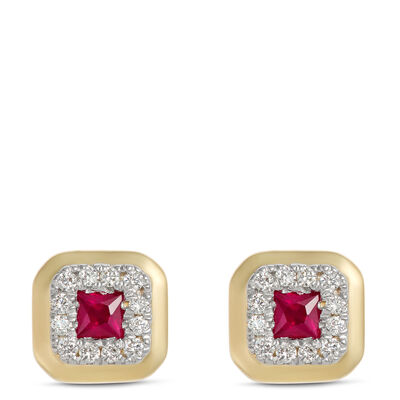 Square Ruby and Round Diamond Studs, 14K Yellow Gold