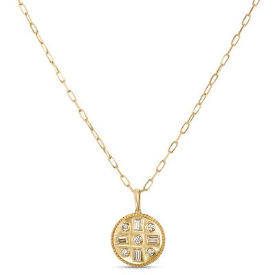 Classic 18-Inch Disk Pendant Necklace with Round and Baguette Diamonds, &frac12; Carat Total Weight, 14K Yellow Gold