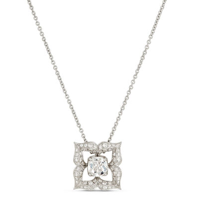 Rose and Round Cut Diamond Pendant Necklace, 18K White Gold