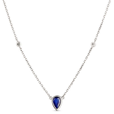 Pear Shaped Sapphire Necklace with Round Accent Diamond Stations, 14K White Gold