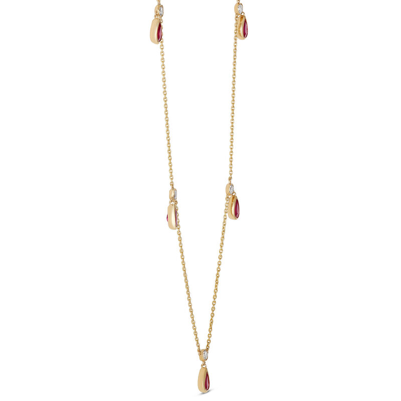 Bezel Set Pear Shaped Ruby Drops Necklace, 14K Yellow Gold image number 1