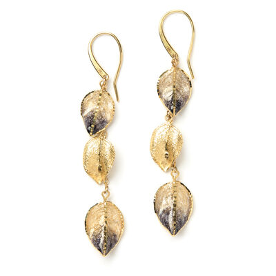 Toscano Triple Brown Enamel Leaf Earrings, 14K Yellow Gold