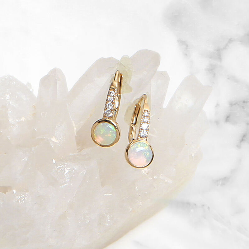7MM Bezel Set Opal & Diamond Earrings 14K image number 1