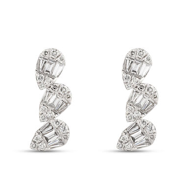 Baguette and Round Diamond Studs, 0.44 Carat Total Weight, 14K White Gold