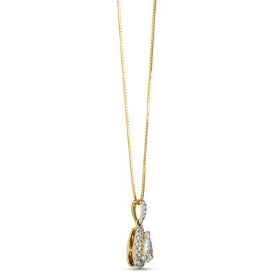 Elegant 1-Inch Pear Shaped Diamond Pendant Necklace with Round Diamond Halo, &frac12; Carat Total Weight, 14K White and Yellow Gold