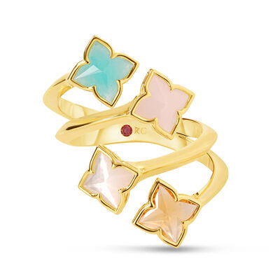 Roberto Coin 18K Yellow Gold Venetian Princess Carnival Four Row Pastel Flower Ring Size 6.5
