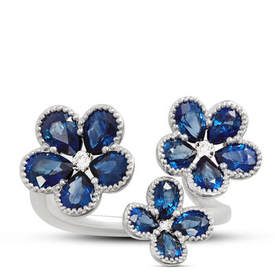 Sapphire & Diamond Flower Ring 14K, White Gold