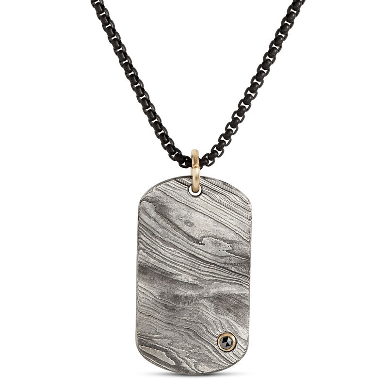 Damascus Dog Tag Pendant on Black Stainless-Steel Chain image number 0